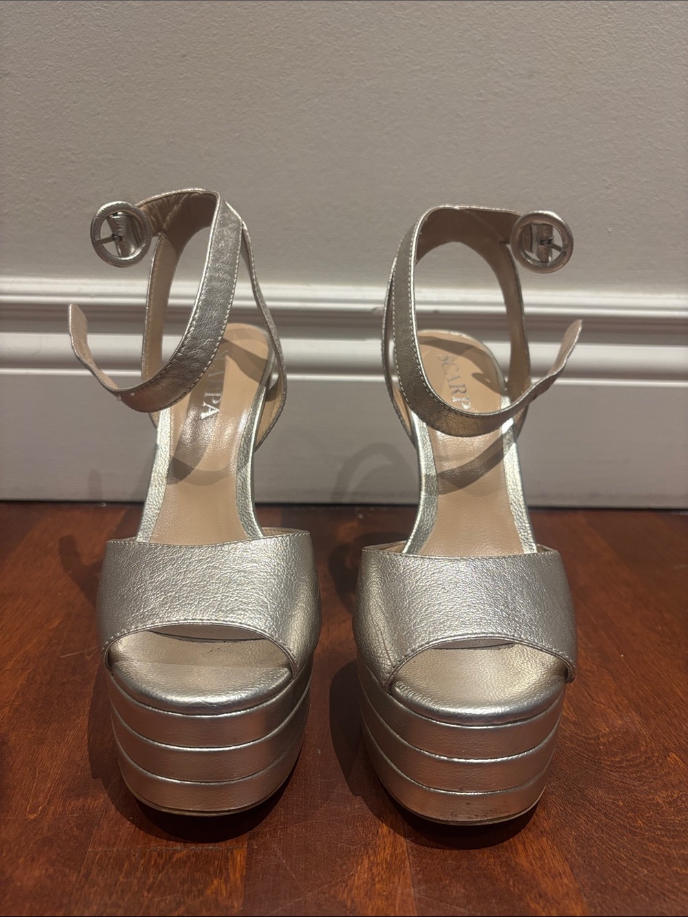Scarpa Metallic Silver Platform Ankle-Strap Heels